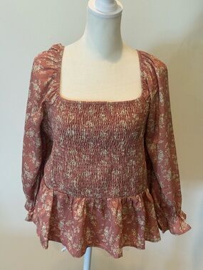 Paper Crane Dusty Rose Floral Smocked Square-Neck Peplum Top